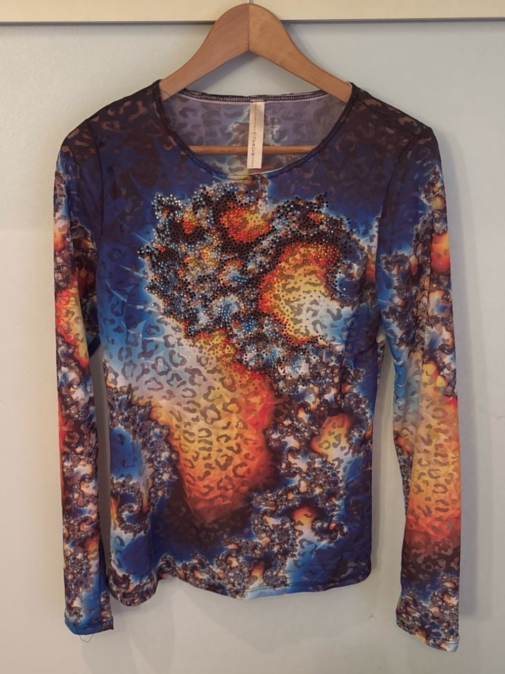 S-Twelve Long-Sleeve Multicolor Swirl Print Top with Rhinestones